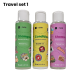 Matkasetti shampoo, hoitoaine, suihkusaippua + matkalaukku